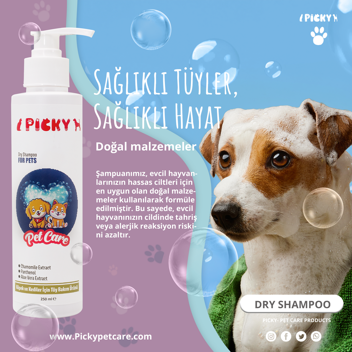 PICKY Köpek ve Kediler İçin Kuru Şampuan 250ml - Aloe Vera