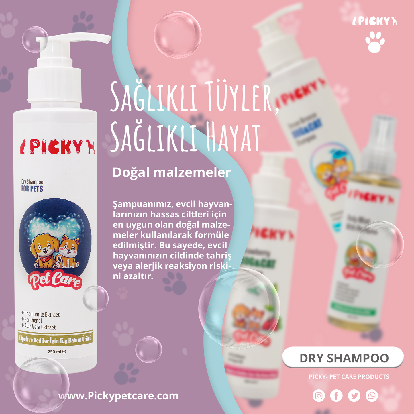 PICKY Köpek ve Kediler İçin Kuru Şampuan 250ml - Aloe Vera